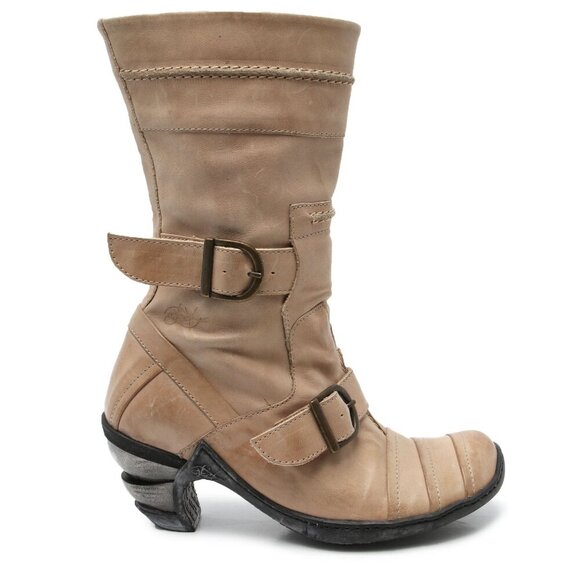 Eject Leather Boot Steampunk Moto Booties Buckles Straps Spiral Heel Tan Beige - Picture 2 of 12